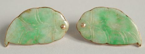 A PAIR OF GOLD AND JADE EARRINGS