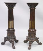 A GOOD PAIR OF 19TH CENTURY AESTHETIC MAHOGANY STANDS with circular tops gilded fluted column on