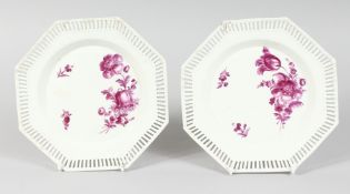 A GOOD PAIR OF PIERCED OCTAGONAL BERLIN PLATES, flowers in sepia. Sceptre mark, 8ins diameter.