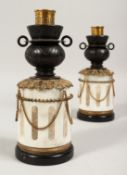 A VERY GOOD PAIR OF REGENCY, BRONZE AND MARBLE TWO-HANDLED CASSOULETS ON STANDS hung with rope. 9.