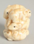 A CARVED BONE GROUP OF RATS. 1.5ins.