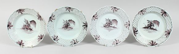 A SET OF FOUR 19TH CENTURY SEPIA DESIGN PLATES with Fence pattern and buildings. 8ins diameter.