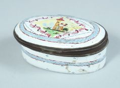 A BATTERSEA OR BILSTON ENAMEL OVAL PILL BOX. 2.25ins.