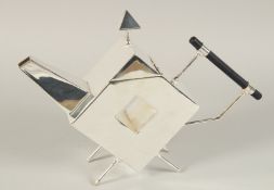 A LARGE CHRISTOPHER DRESSER DESIGN PLATED, SQUARE TEA POT with a hole.