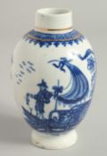 AN 18TH CENTURY WORCESTER TEA CANISTER printed with the Fisherman pattern.
