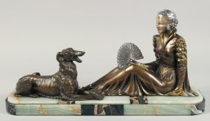A VERY GOOD ART DECO BRONZE GROUP OF A LADY SEATED HOLDING A FAN in front of a Borzoi on an inlaid