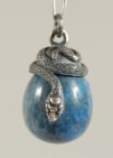 A SILVER LAPIS EGG PENDANT.