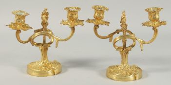 A GOOD PAIR OF LOUIS XVI DESIGN GILT BRONZE TWO LIGHT CANDLESTICKS. 6ins high,