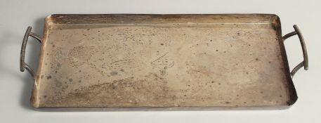 A LONG TWO HANDLED SILVER SERVING TRAY. 16ins long 7ins wide. London 1901, weighs 30ozs.