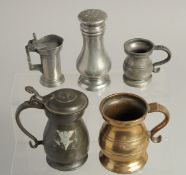 FIVE VARIOUS PEWTER MEASURES.