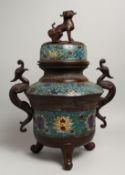 A LARGE CHINESE BRONZE AND CLOISONNE LIDDED CENSER with lion mounts.
