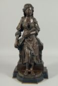 A SUPERB 19TH CENTURY FRENCH BRONZE OF A GIRL HOLDING A MANDOLIN, on a marble base. 1t 8ins high.