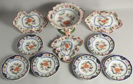 A GOOD MASONS IRONSTONE DESSERT SERVICE, comprising: comport, three shaped dishes, eleven seven inch