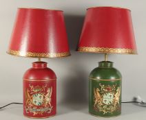 A RED AND A GREEN TOLEWARE LAMP AND SHADES (2) 14ins high.