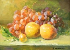 J. Howard (20th Century) A pair of still life works of fruit, apples and grapes, oil on panel,