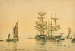 Frederick James Aldridge (1850-1933) British, boats moored in an estuary drying their sales,