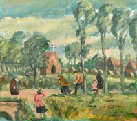 Scandinavian School, Mid-20th Century, Figures making their way to church on a windy day, oil on