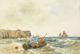 Thomas Bush Hardy (1842-1897) British, figures in a rowing boat in a choppy sea by a harbour,