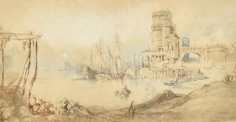 William Clarkson Stanfield (1793-1867) British, A capriccio harbour view, watercolour, blue and