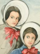 James Arthur Morris (20th Century) British, head studies of ladies in bonnets, watercolour,
