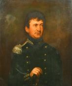 19th Century French, Portrait of a cavalry Lieutenant in uniform with hand on his sword, oil on