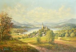 20th Century Continental School, workers in a field with a church and mountains beyond, oil on