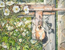 Chris Bent (20th Century) a study of a padlock amongst foliage, 14