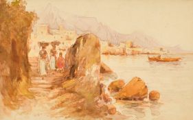 Italian School, (19th /20th Century), Figures on a coastal path with buildings beyond,