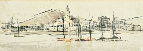 Roland Hilder (1905-1993) A coastal scene with moored boats offshore, watercolour with ink and