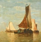 Attributed to Jean Paul Clays, Dutch barges on calm waters, oil on canvas, 30