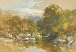 James Burrell Smith (1822-1897) British, cattle watering in a hillside river, watercolour, 14