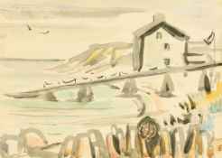 Circle of John Piper, Lifeboat beach, Swanage', watercolour, inscribed on label verso, 5