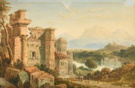Attributed to George Earp, A pair of Continental views of waterside buildings with figures,