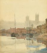 J. D. Walker, Circa 1890, barges moored in a town harbour, watercolour, signed and dated, 15
