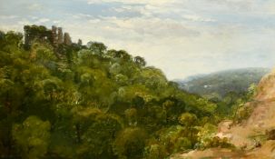 19th Century English School, A landscape with ruins on a hill and a group of figures resting, oil on