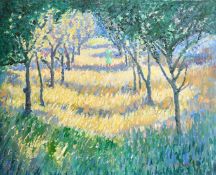 Norman Lloyd (1894-1983) Australian, female figure in a lavender lined orchard, oil on board,