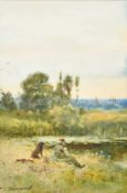 C.J. Barraud (19th Century), an angler and his dog with distant views, watercolour, signed, 10