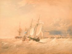 19th Century Continental School, barges under sail in a heavy swell, watercolour, 15.5