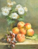 J. Howard (20th Century) A pair of still life works of fruit, apples and grapes with flowers, oil on
