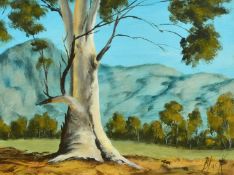Barbara Black, Views in South Australia, a hut and a tree with mountains beyond, oils on board, both