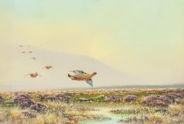 John Cyril Harrison (1898-1985) A moorland scene with flying Grouse, gouache, indistinctly signed