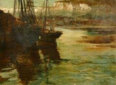 George Phoenix (1863-1935) British, boats moored in a harbour with cliffs beyond, oil on canvas,