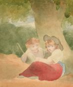 English School 19th Century, A young shepherd boy and girl seated by a tree, 4