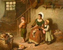 19th Century Italian School, a young mother and her children in a rustic interior, oil on canvas,
