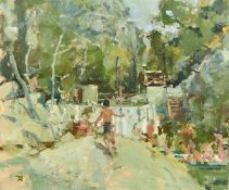 Tom Coates (b. 1941) British, 'Children playing by a waterfall, Cornwall', oil on board, signed with