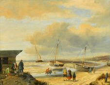 K. Flack (20th Century) A view of figures on a beach, oil on panel, signed, and another of figures