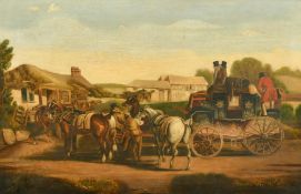 Circle of John Charles Maggs, changing horses on a stagecoach, oil on canvas, indistinctly dated,