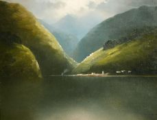 19th Century School, Clouds breaking over a mountain lake with a village, indistinctly signed, oil