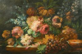 Ellis Silas (1883-1972), an abundant still life of flowers and fruit, oil on canvas, signed, 20