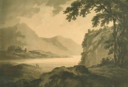 Samuel Alken after William Gilpin, A landscape with figures at the water's edge, aquatint,
